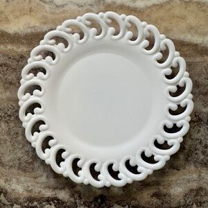 Vintage White Milk Glass Plate W/ Fleur De Lis Cutouts. 9.25"